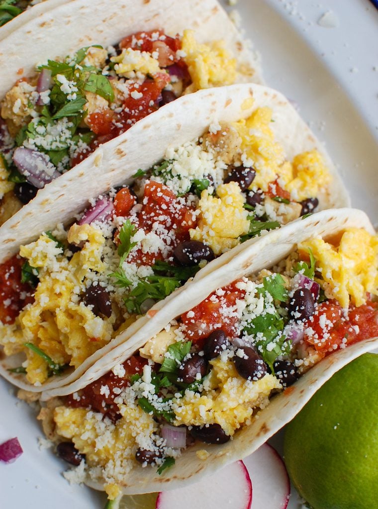 Southwest Breakfast Egg Tacos in white platter 