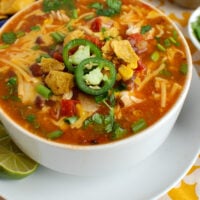 Chicken Enchilada Soup in white bowl