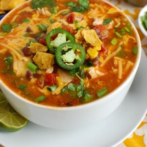 Chicken Enchilada Soup in white bowl