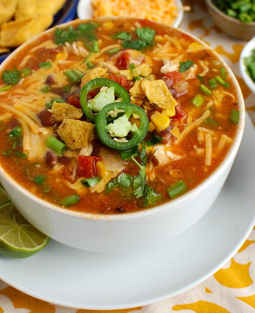 Chicken Enchilada Soup in white bowl 