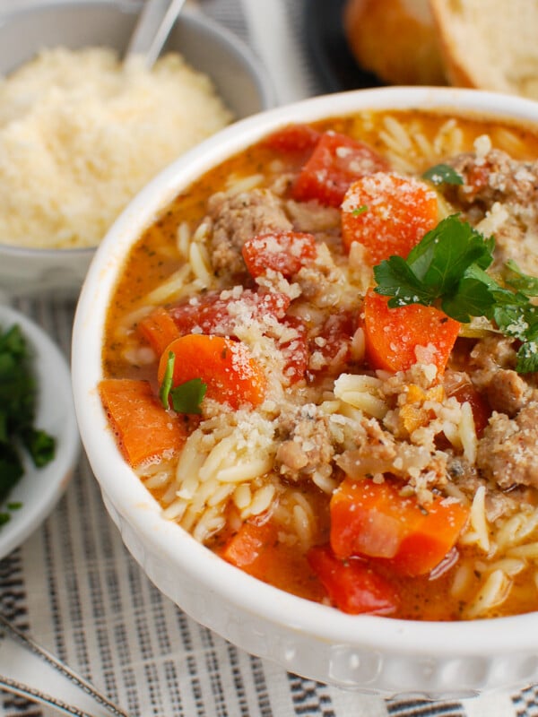 Italian Sausage Soup in white bowl