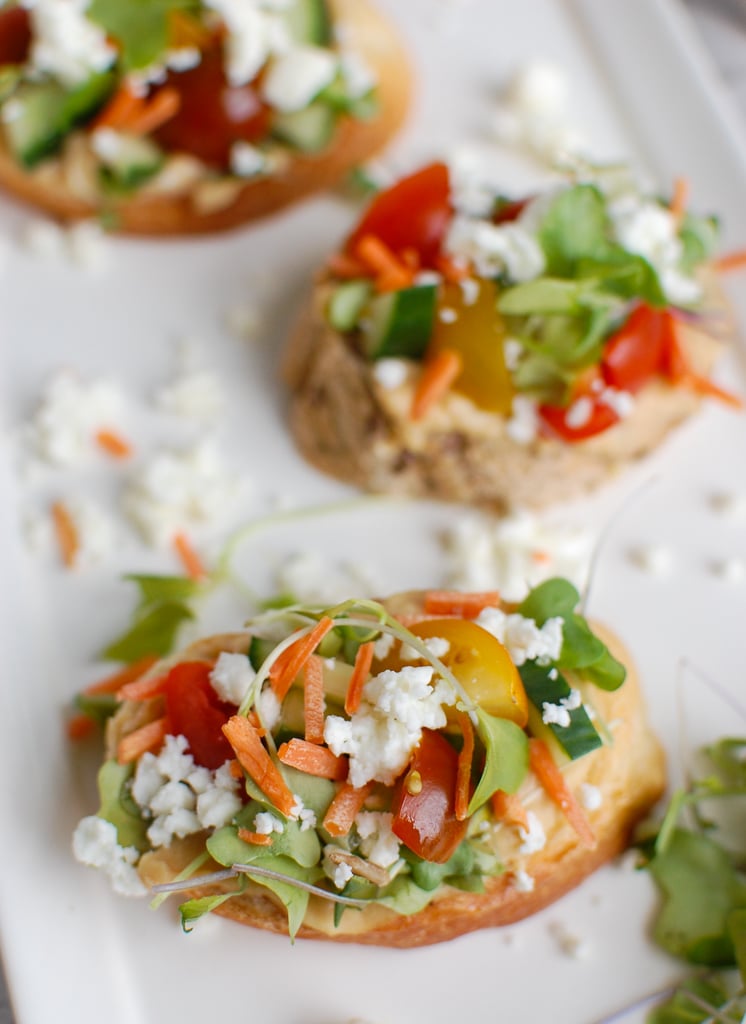Mediterranean Crostini on a white platter 