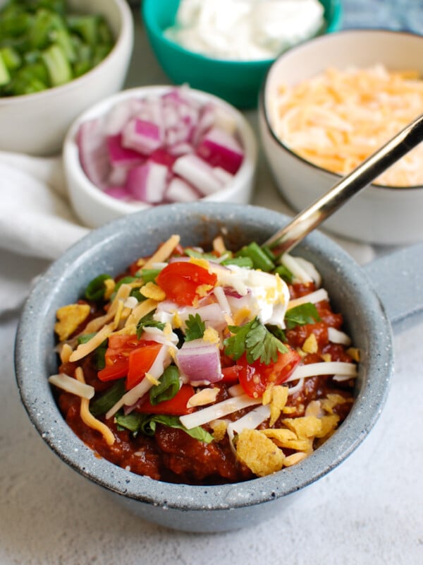 Beef Chili Recipe in blue bowl