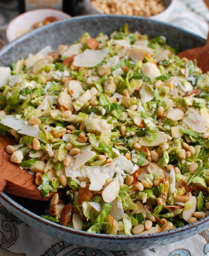 Shaved Brussels Sprouts Salad in a blue bowl