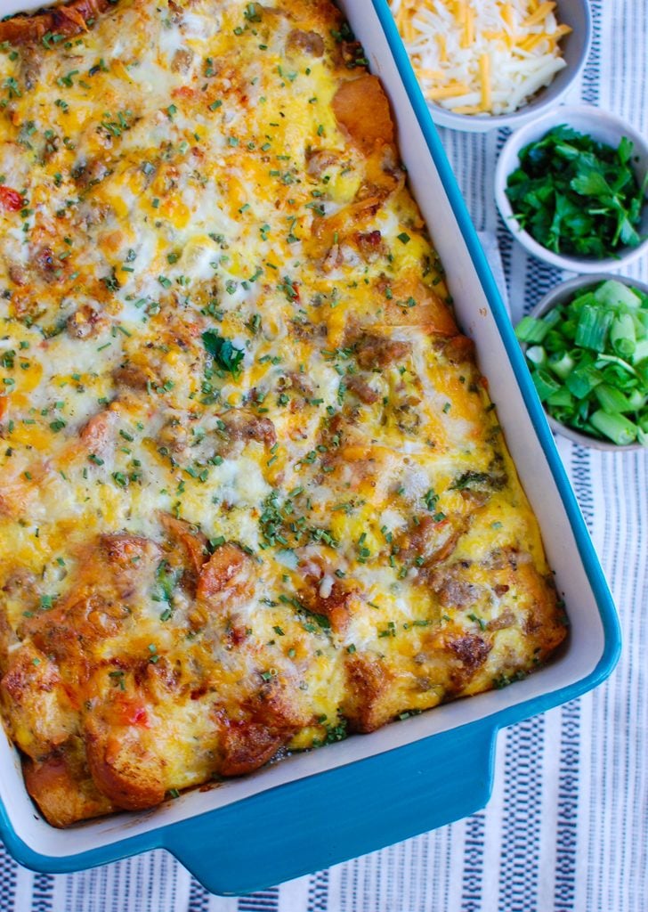 Egg Sausage Casserole in teal dish