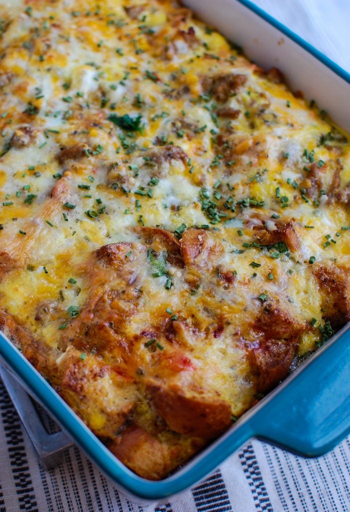 Egg Sausage Casserole with spatula