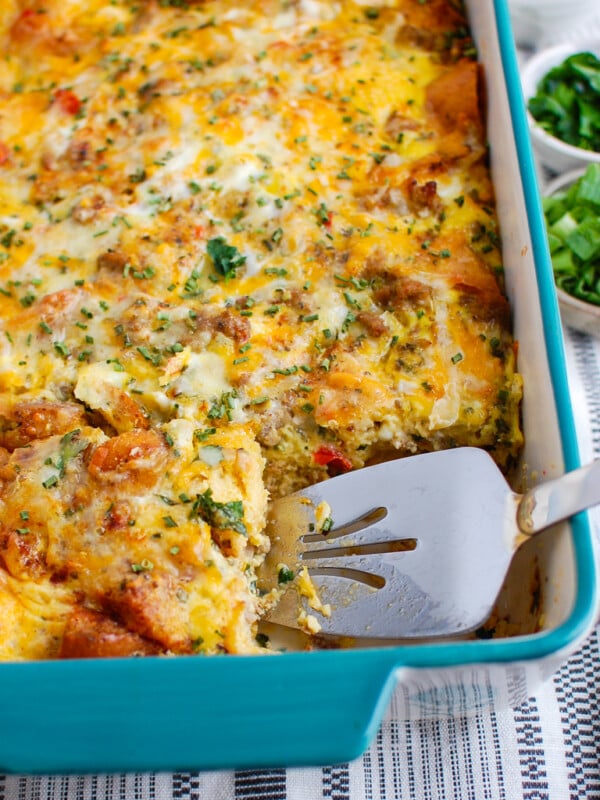 Egg Sausage Casserole on white plate