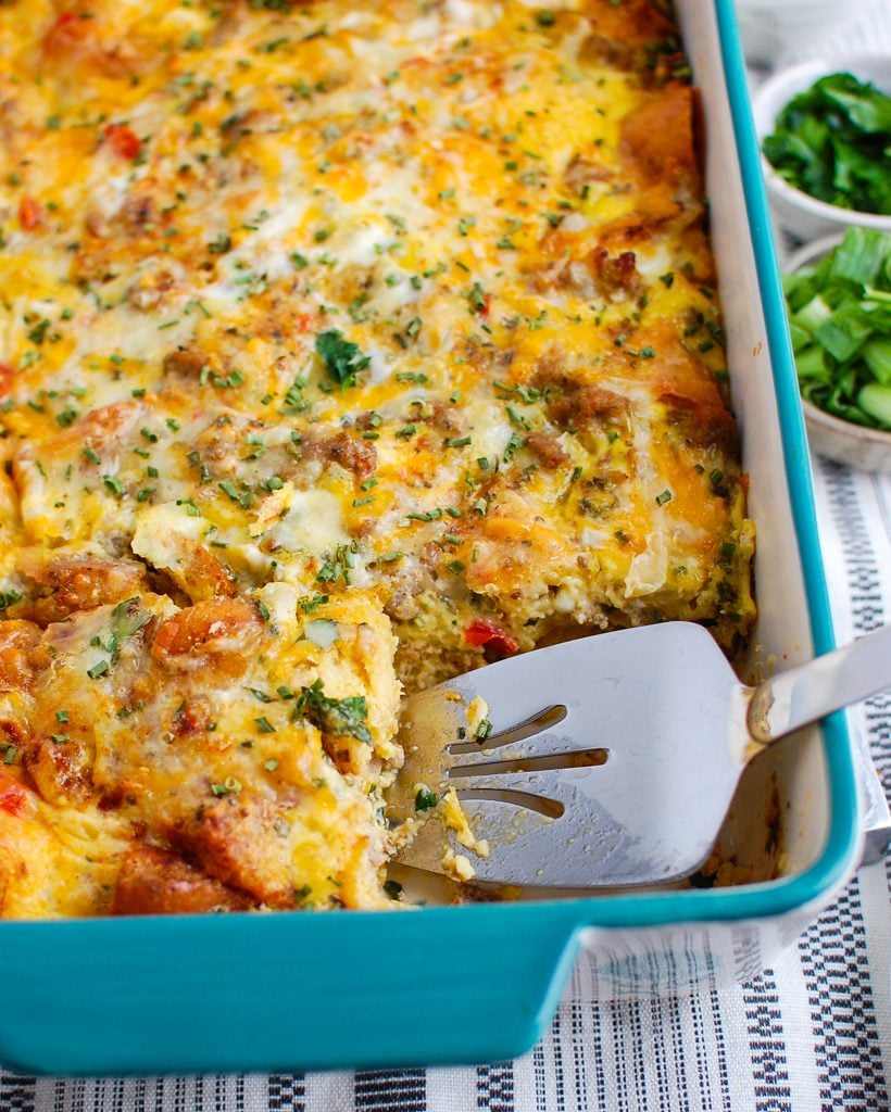 Egg Sausage Casserole on white plate 