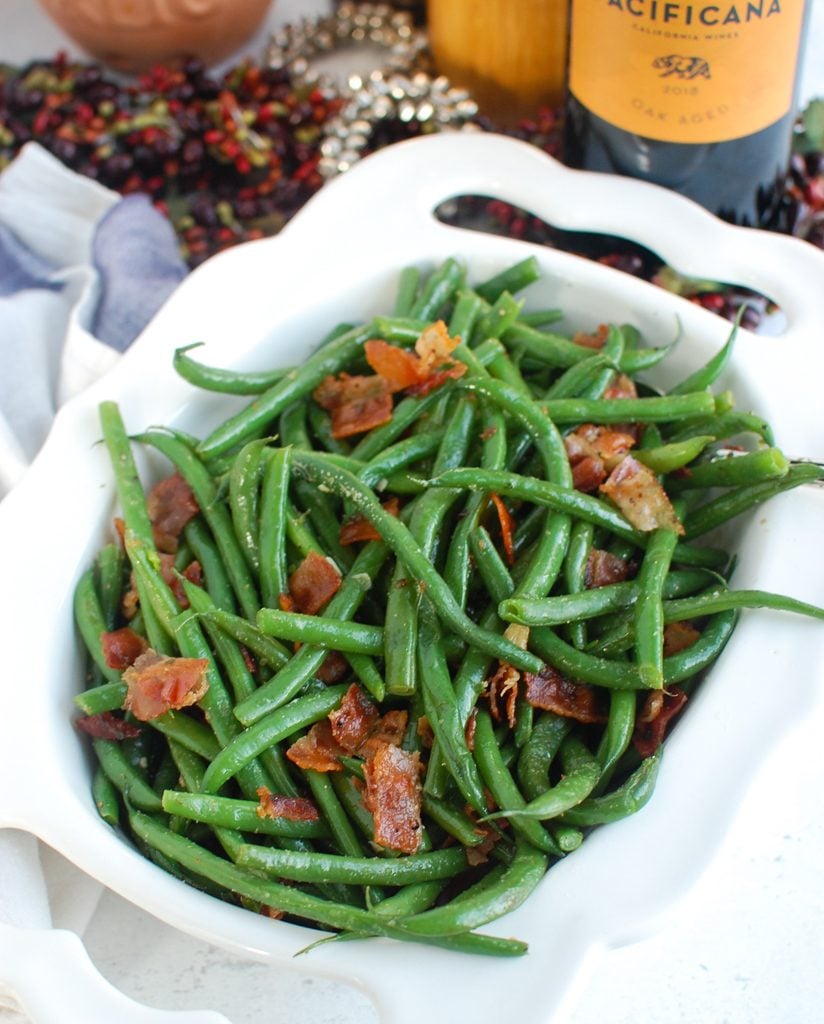 Green Beans with Bacon in white dish