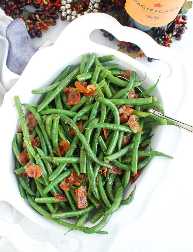 Green Beans with Bacon with white napkin