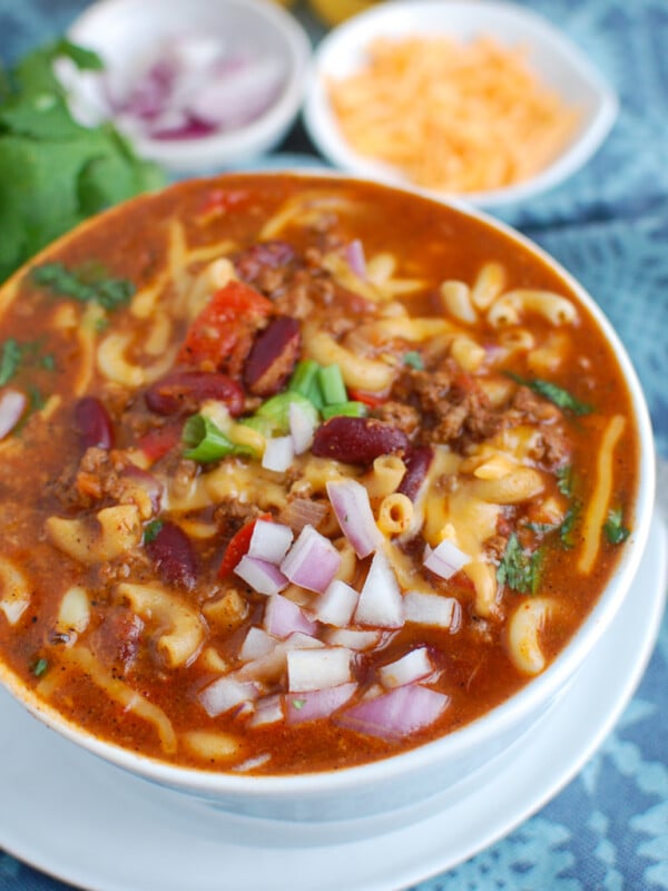 Instant Pot Chili Mac in white bowl