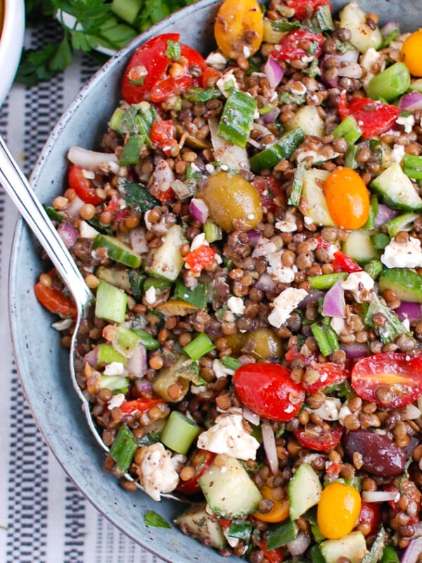 Mediterranean Lentil Salad in bowl.