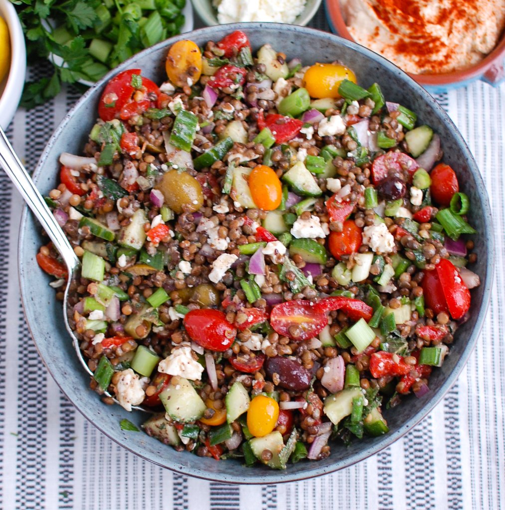 Mediterranean Lentil Salad with spoon