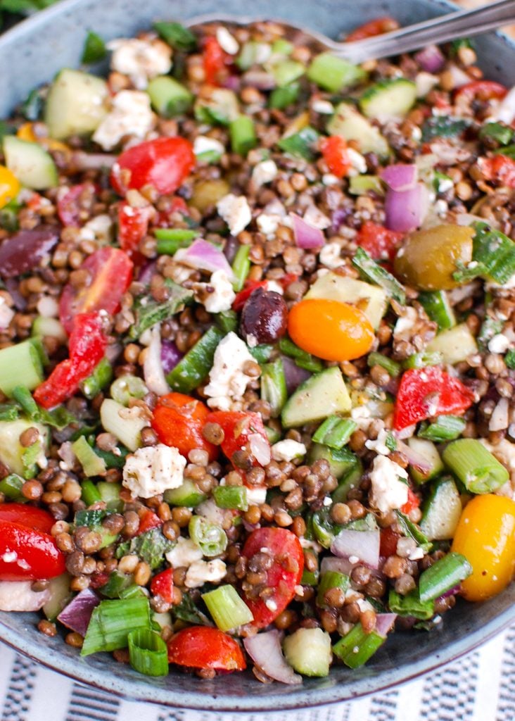 Mediterranean Lentil Salad with spoon