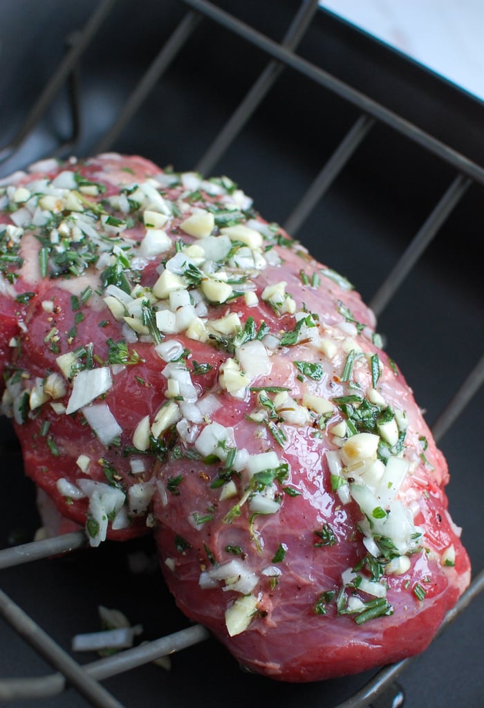 Rosemary and Garlic Roast Beef in roasting pan