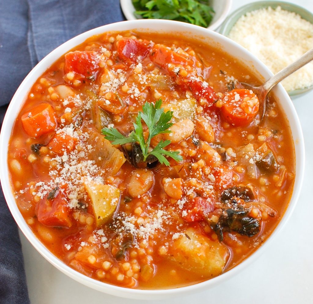 Vegetable Soup with Cabbage blue napkin