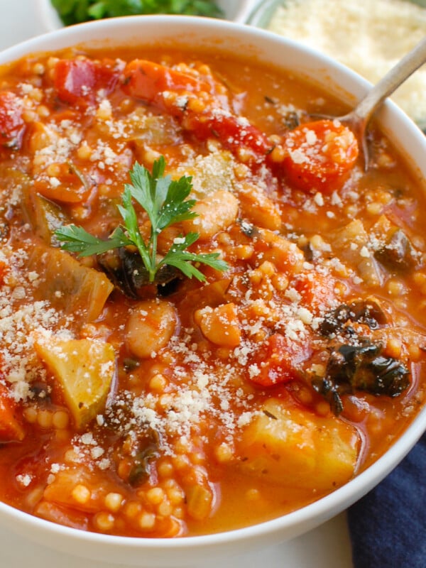 Vegetable Soup with Cabbage in white bowl