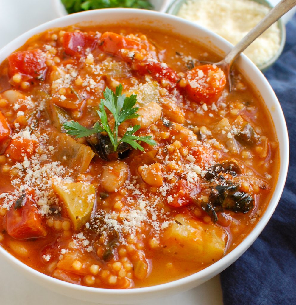 Vegetable Soup with Cabbage in white bowl