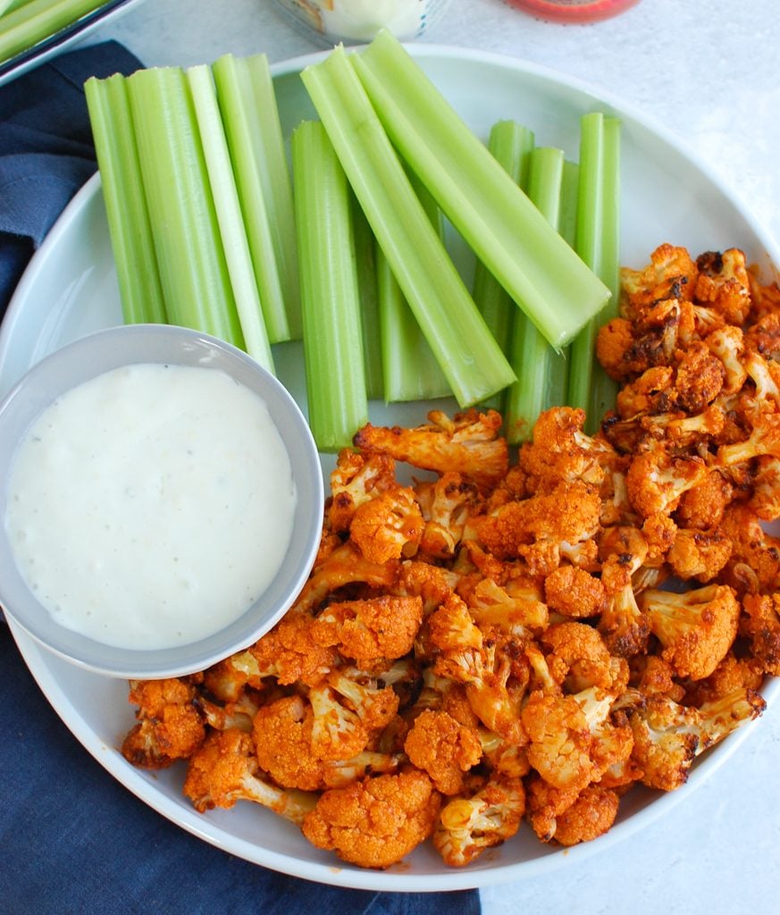 Air Fryer Buffalo Cauliflower on white plate 