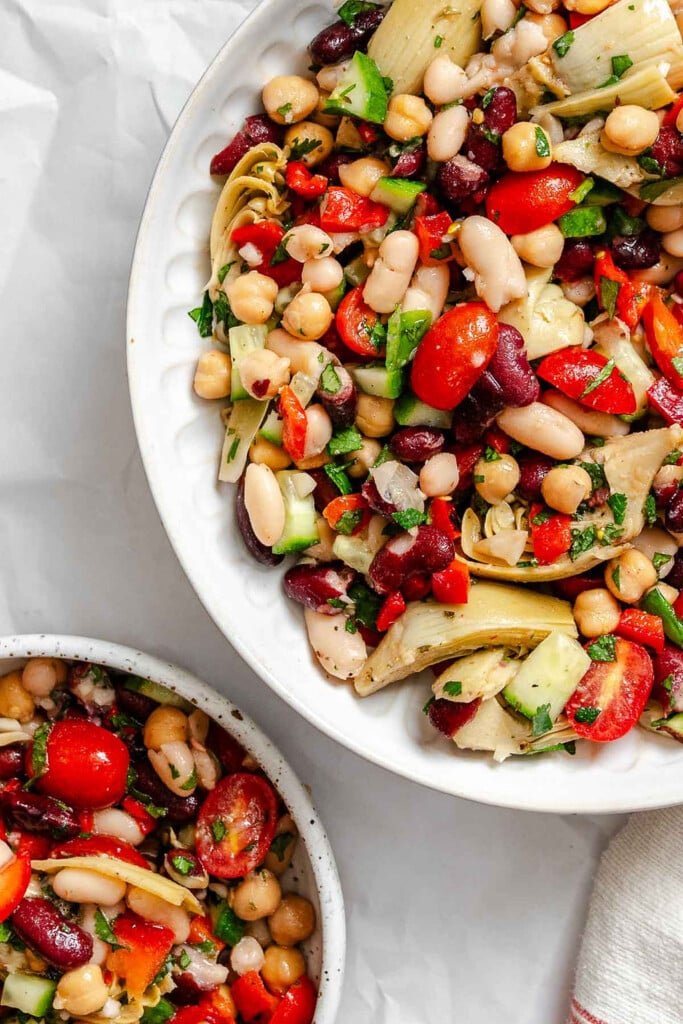 Mediterranean Three Bean Salad in a big white bowl 