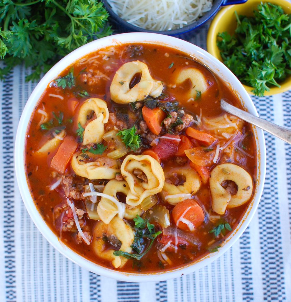 Tortellini Sausage Soup with spoon 