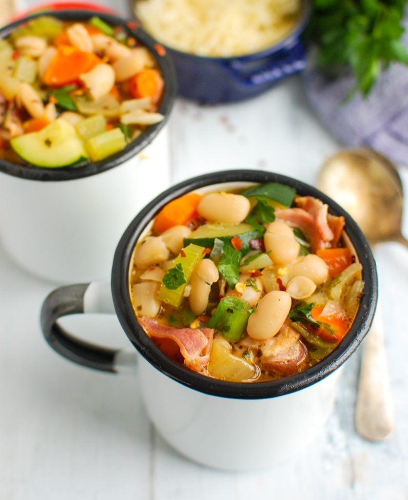 Tuscan Bean Soup with two white mugs