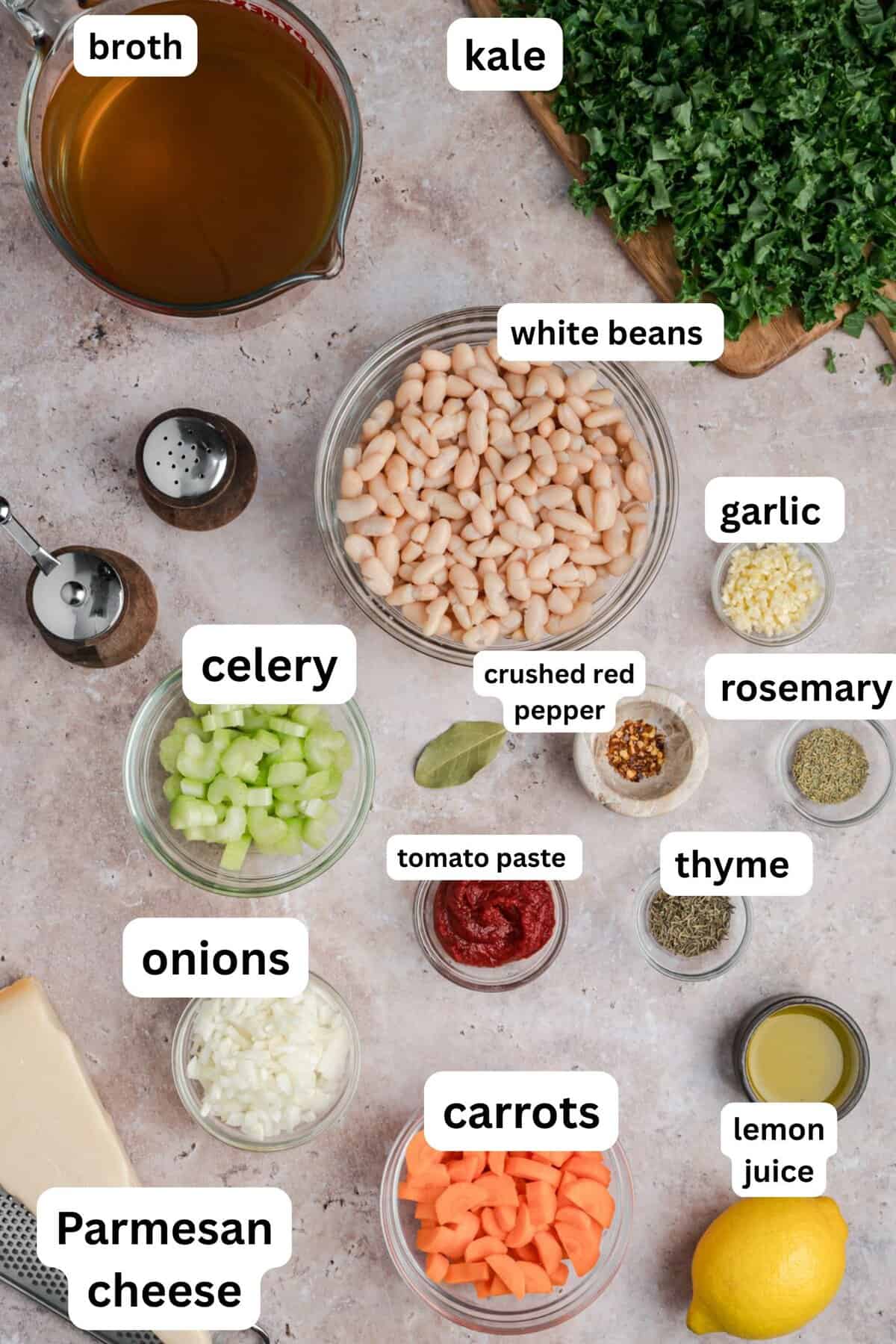 Homemade Tuscan white bean soup in a rustic bowl recipe ingredients