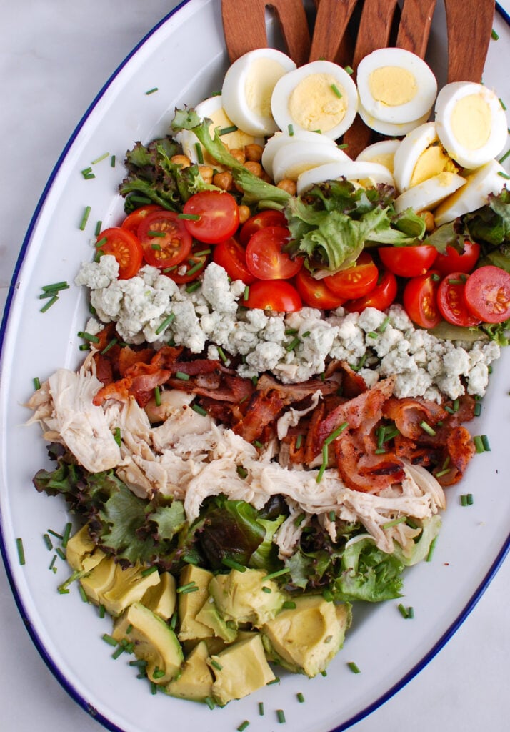 Cobb Salad Recipe on white and blue plate