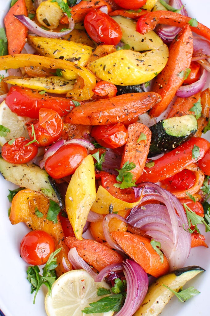Mediterranean Roasted Vegetables on baking sheet 