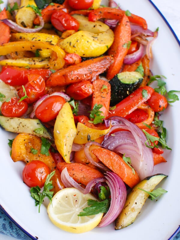 Mediterranean Roasted Vegetables in white platter