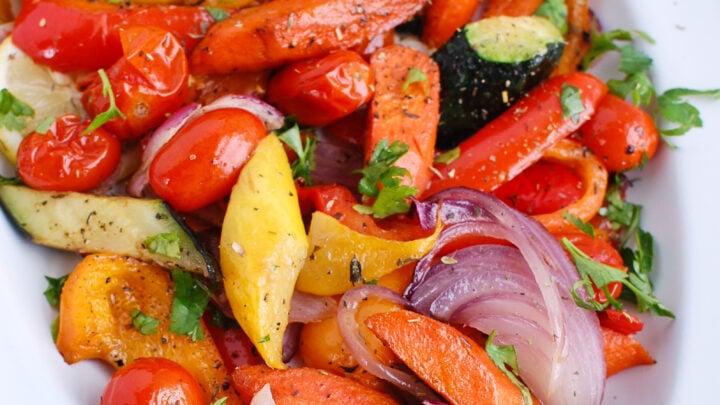 Mediterranean Roasted Vegetables in white platter