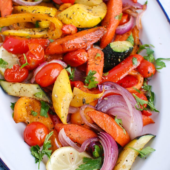 Mediterranean Roasted Vegetables in white platter