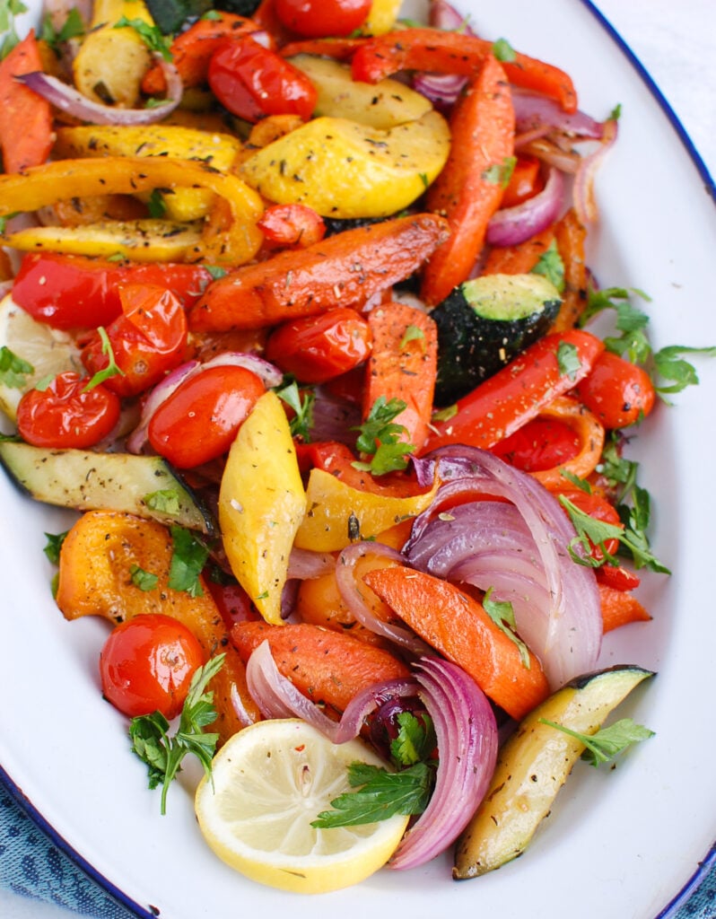 Mediterranean Roasted Vegetables in white platter 