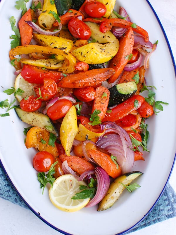 Mediterranean Roasted Vegetables on white and blue plate