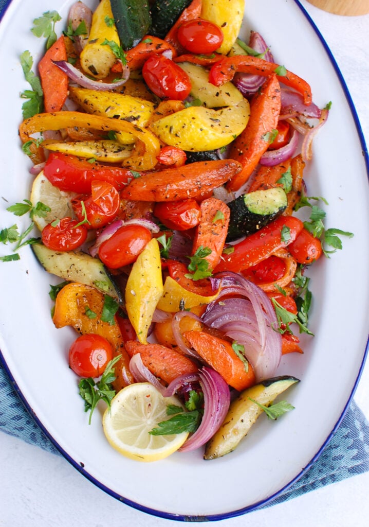 Mediterranean Roasted Vegetables on white and blue plate 