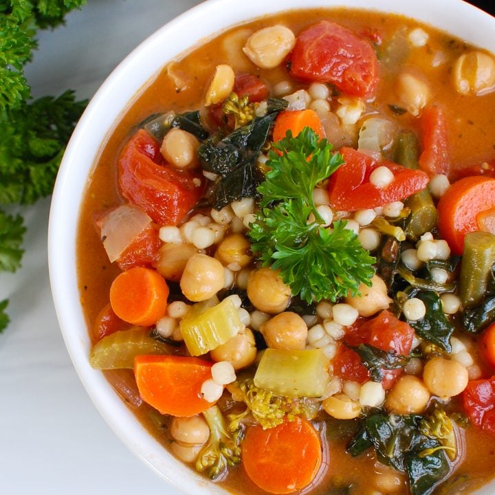 Easy Chickpea Veggie Soup with white bowl