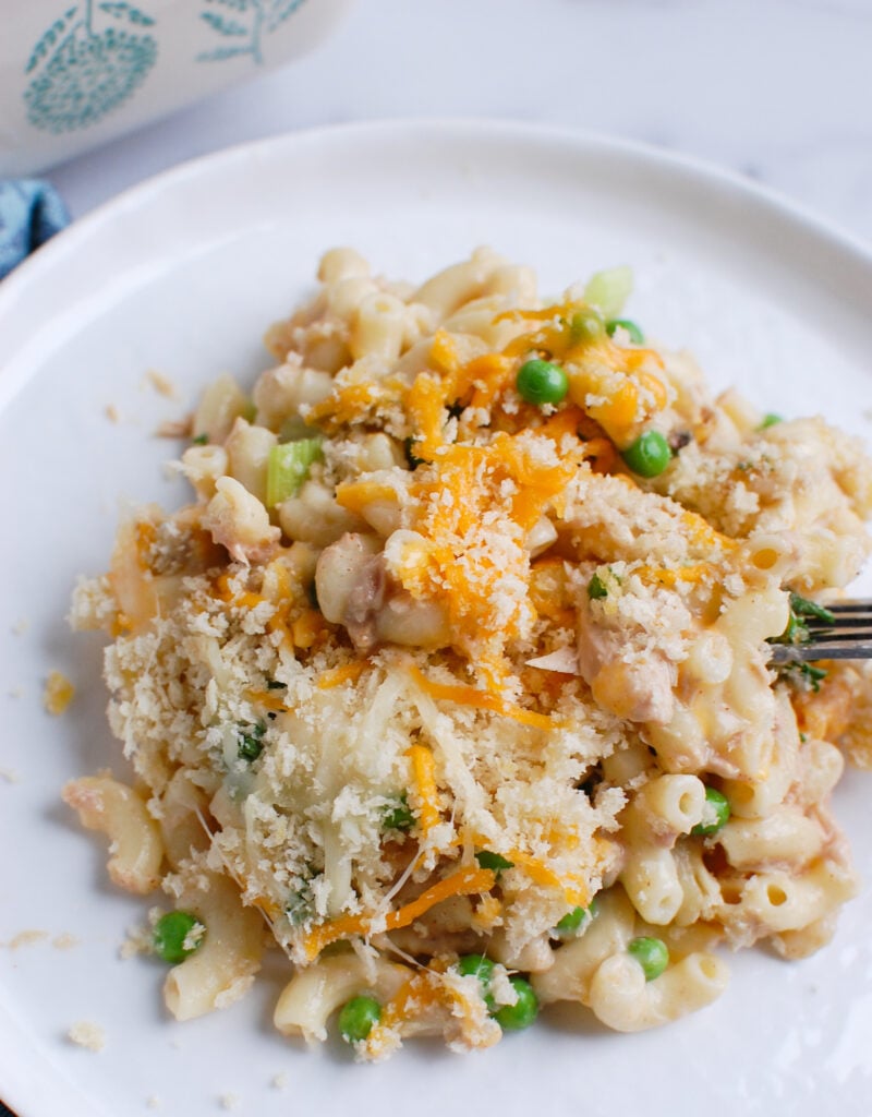 Easy Tuna Noodle Casserole on white plate