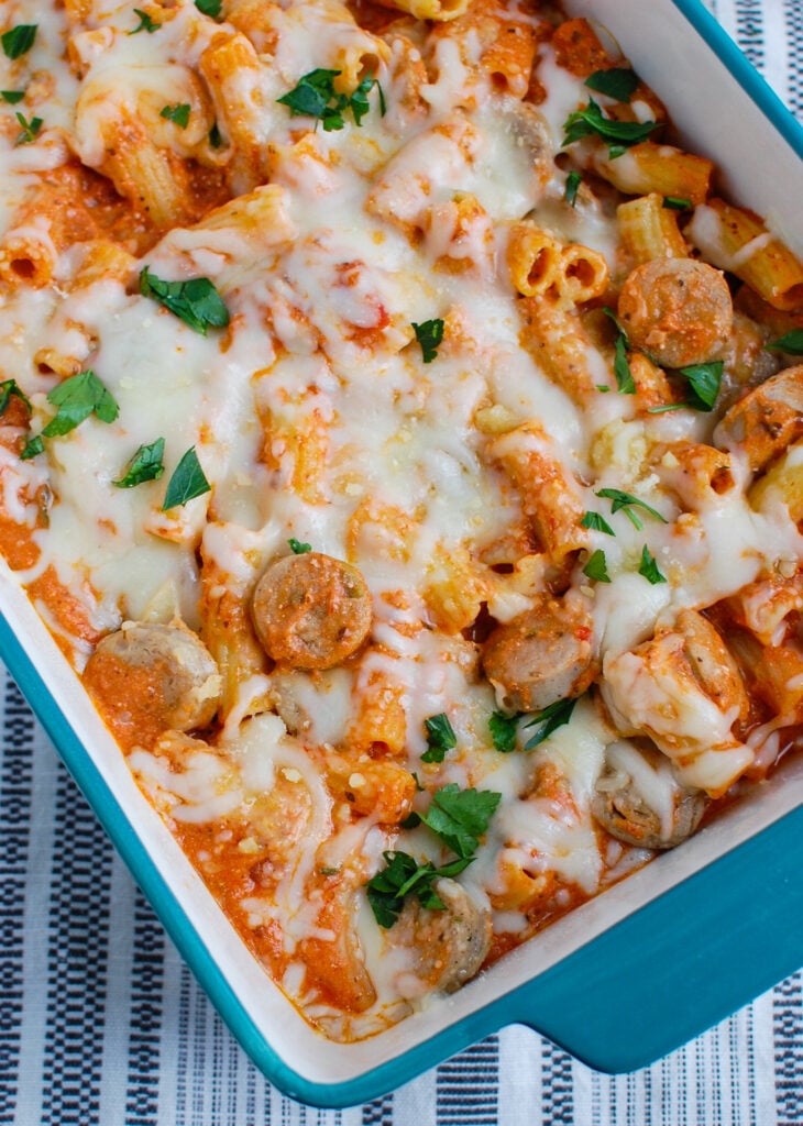 Italian Sausage Pasta Bake in baking dish