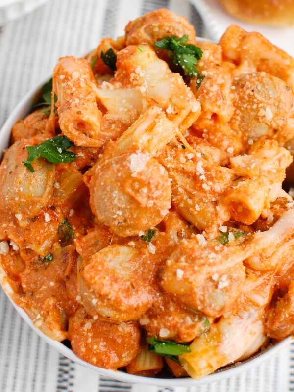 Italian Sausage Pasta Bake in a white bowl