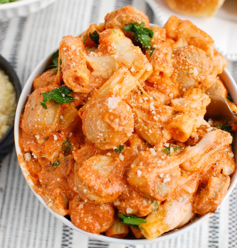Italian Sausage Pasta Bake in a white bowl 