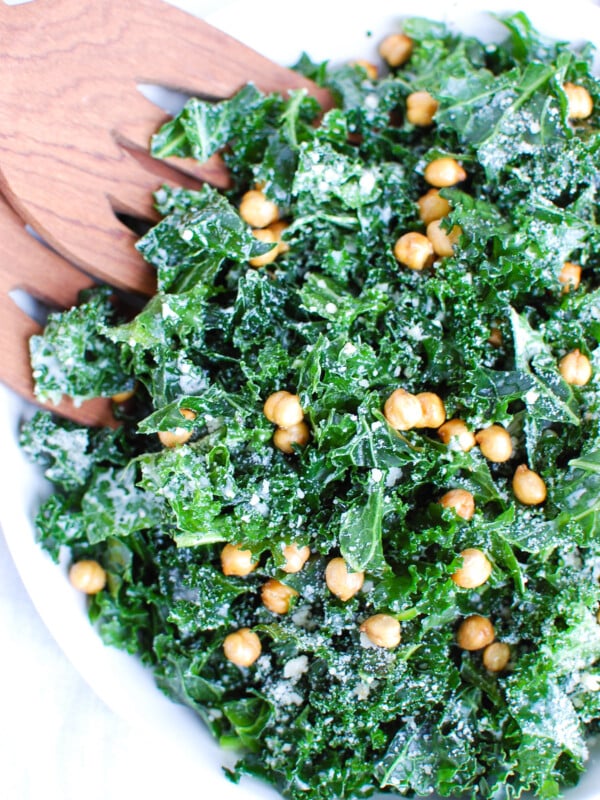 Kale Caesar Salad in white bowl