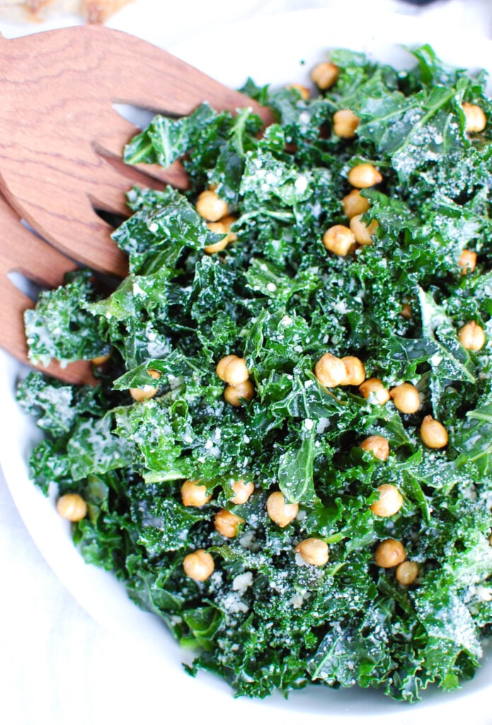 Kale Caesar Salad in white bowl