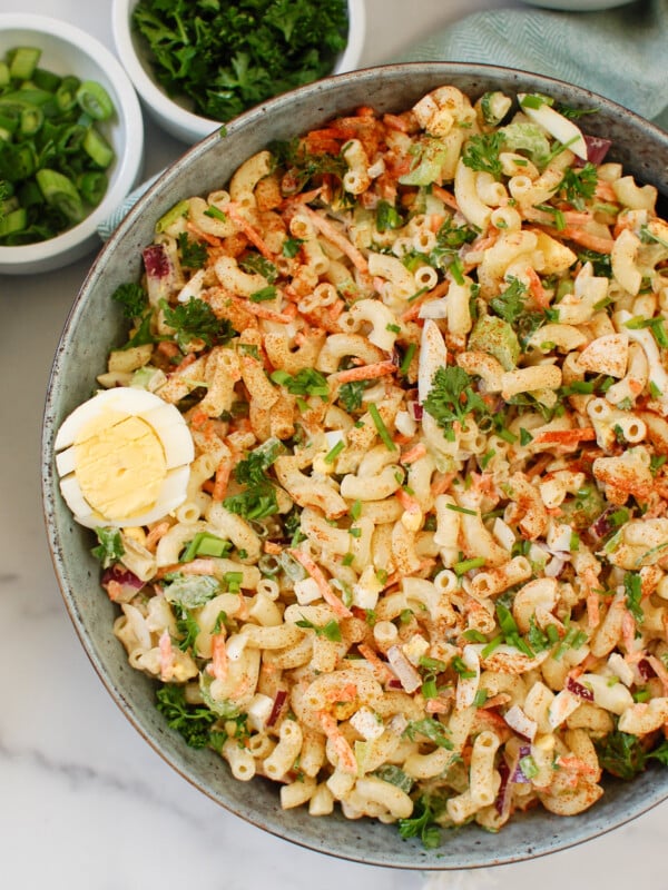 Macaroni Egg Salad in a teal bowl