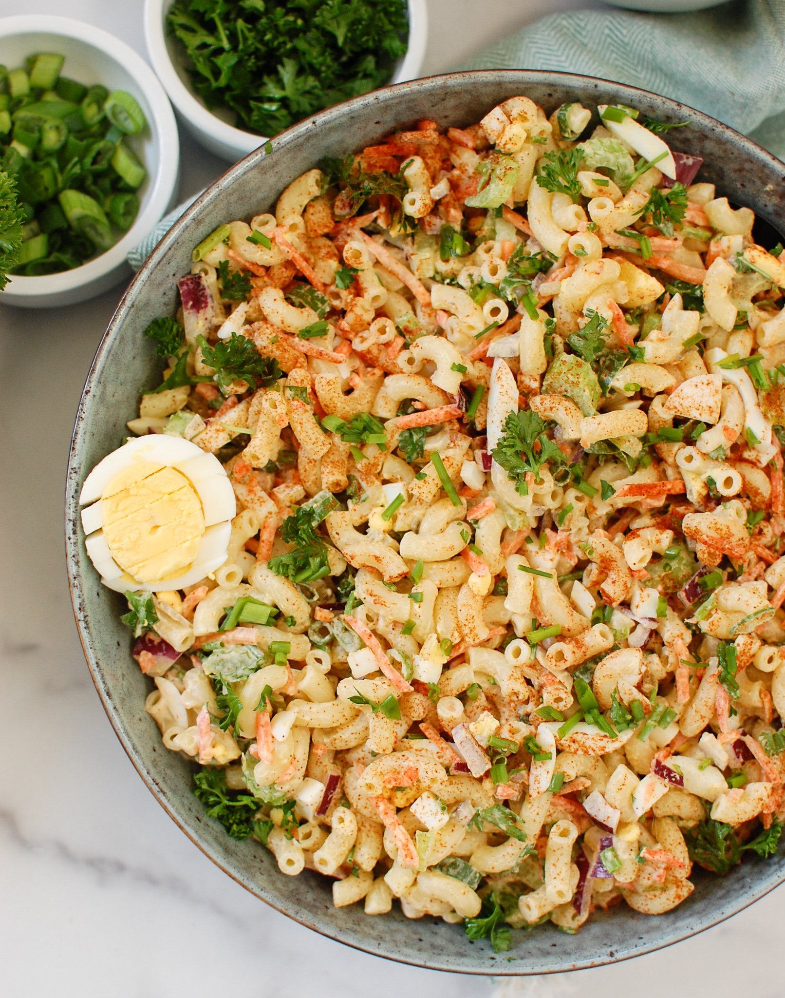 Macaroni Egg Salad in a teal bowl