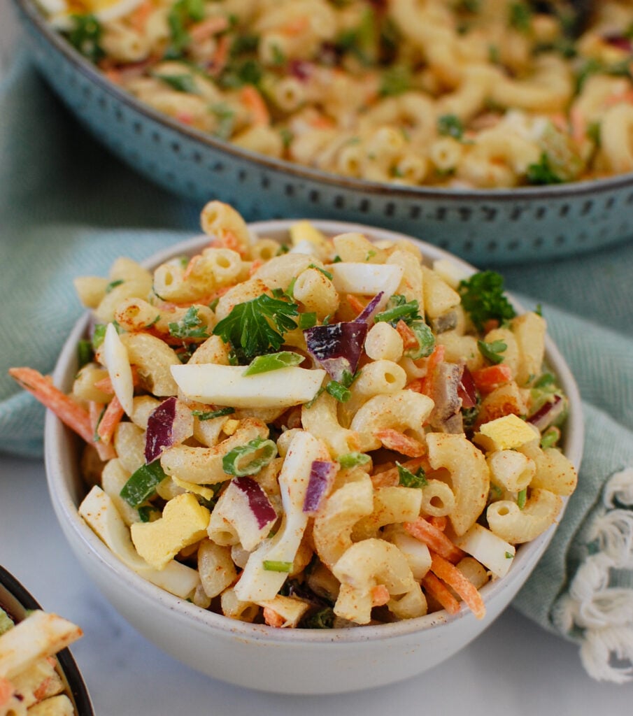 The Best Macaroni Egg Salad in a small white bowl 
