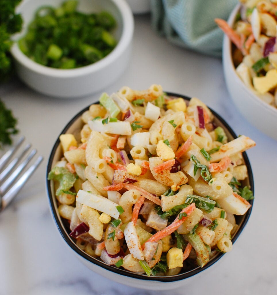 Macaroni Egg Salad in a small bowl 