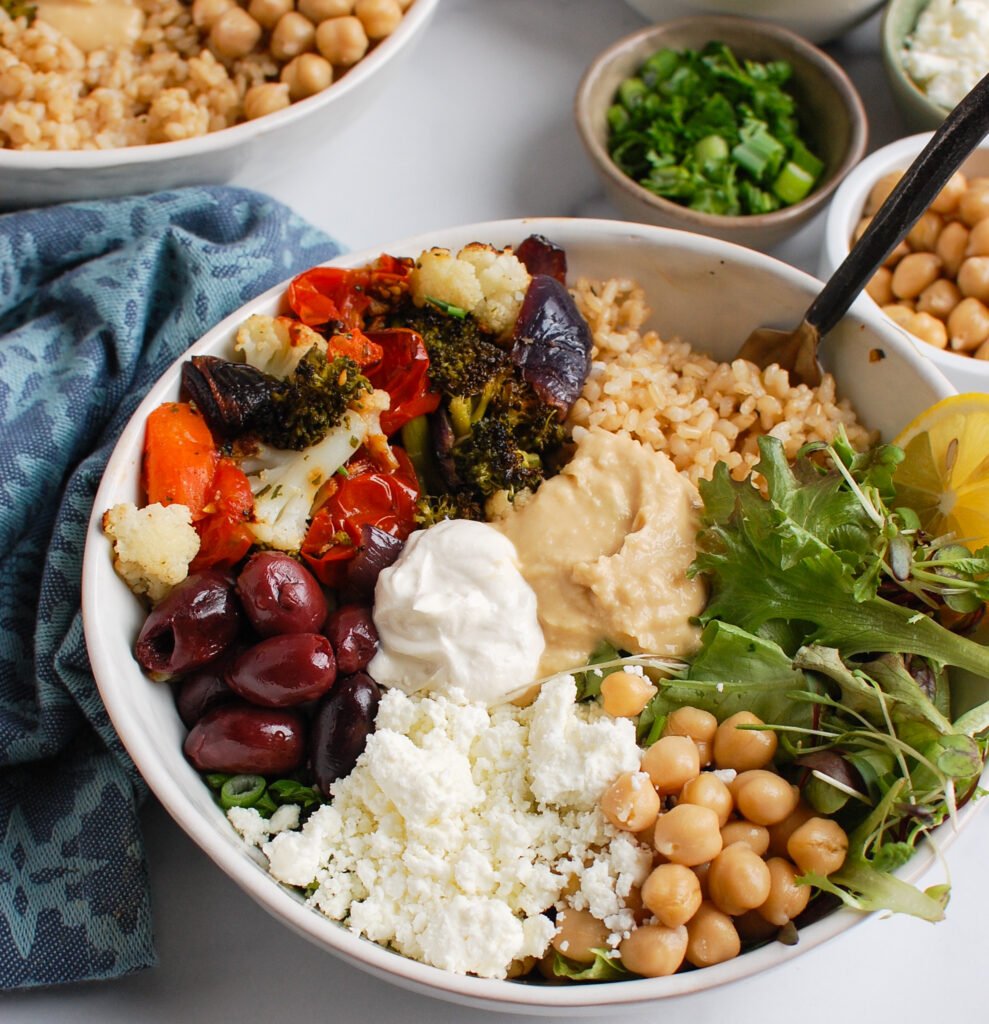 Mediterranean Buddha Bowl with feta cheese 