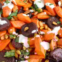 Roasted Carrots and Beets with Tahini with spoon