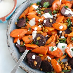 Roasted Carrots and Beets with Tahini on plate