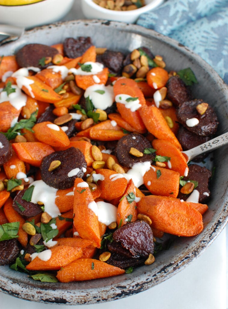 Roasted Carrots and Beets with Tahini with pistachios 